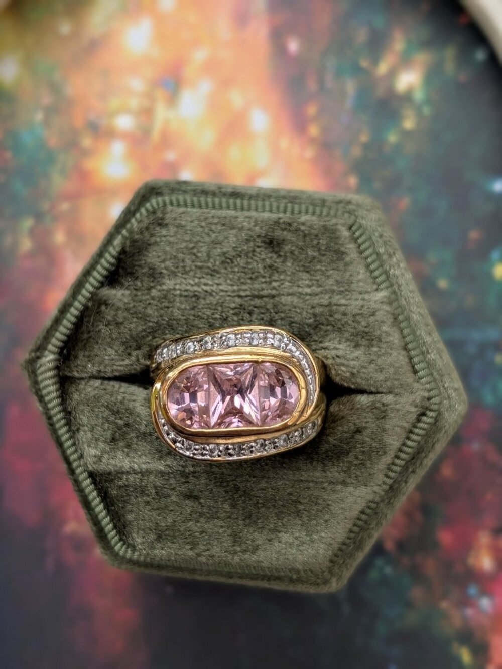 Vintage Chunky Gold Tone Statement Ring with Sparkling Pink CZ Inlay, Size 9